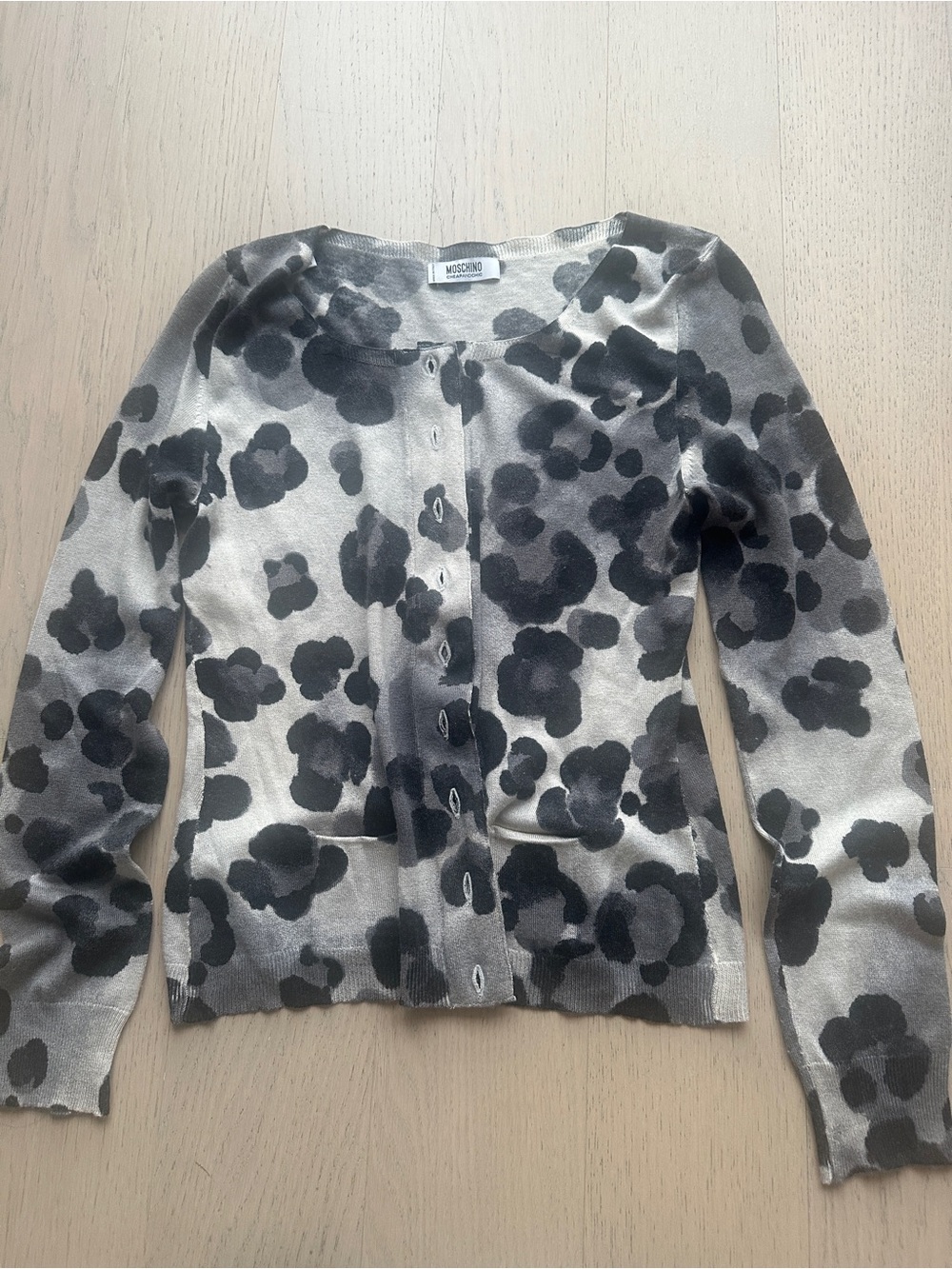 Moschino Cream and Black Abstract Floral Twin Set Cardigan and Shell size 8.